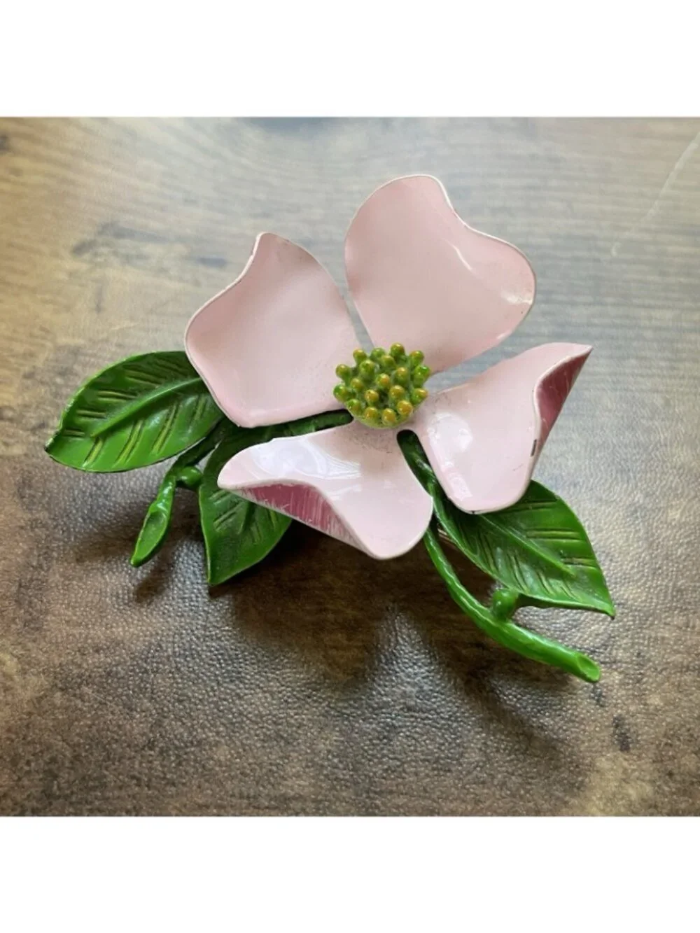 Vintage 1960s Enamel Dogwood Flower Brooch Pink Green Floral Pin Large 2.5